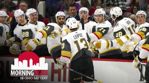 The Vegas Golden Knights celebrate a goal being scored 