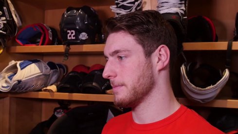 Pierre-Luc Dubois talks to the media after practice on February 1