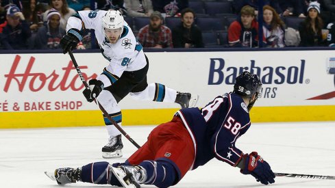 David Savard attempts to block a pass against the San Jose Sharks. 