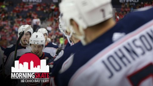 Artemi Panarin celebrates on the bench with his teammates after a goal against the Capitals