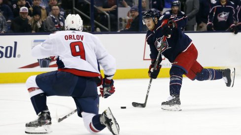 Cam Atkinson takes a shot against the Washington Capitals at Nationwide Arena