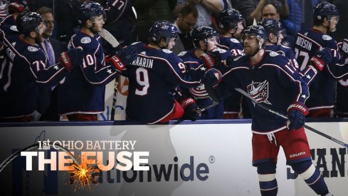 Brandon Dubinsky celebrates a late goal against the Washington Capitals.