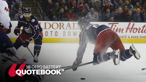 Zach Werenski and Nick Foligno try to beat Capitals goaltender Braden Holtby.