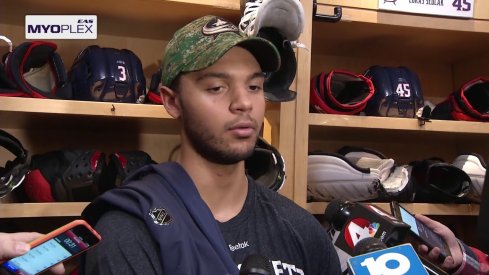 Seth Jones talks to the media after the team's loss to the Washington Capitals