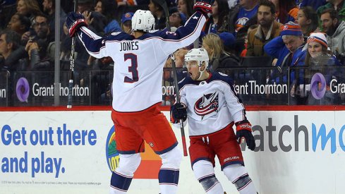 Cam Atkinson celebrates a goal against the New York Islanders 