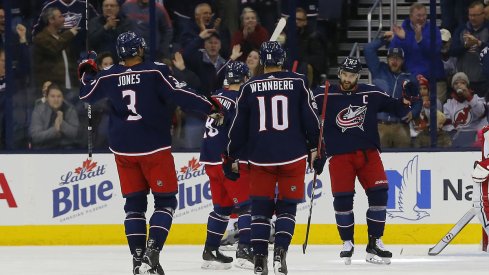 Blue Jackets celebrate a goal against New Jersey