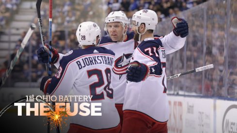 Blue Jackets celebrate a third period goal against the Toronto Maple Leafs