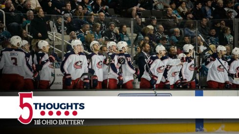 Blue Jackets celebrate a second period goal against the Sharks