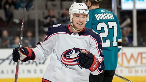 Cam Atkinson smiles during the Blue Jackets 4-2 win over the San Jose Sharks. 