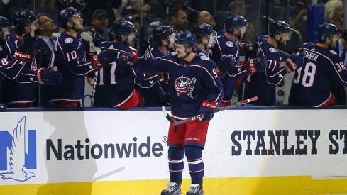 Artemi Panarin celebrates his first-period goal against the Vegas Golden Knights.