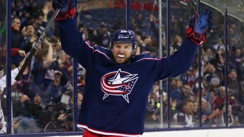 Blue Jackets forward Thomas Vanek celebrates a goal against the Colorado Avalanche