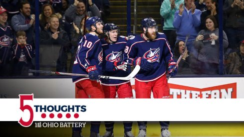 Blue Jackets celebrate a goal against the Detroit Red Wings