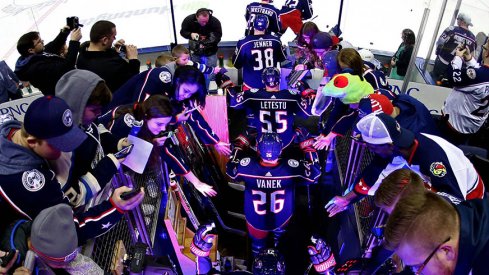 The Blue Jackets take the ice for warm-ups. 