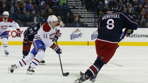 Blue Jackets Zach Werenski tries to pursue Canadiens Brendan Gallagher