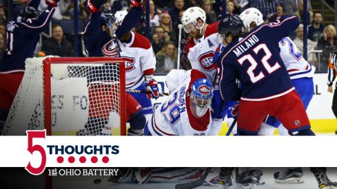 Sonny Milano and his linemates crash the net for a Blue Jackets goal