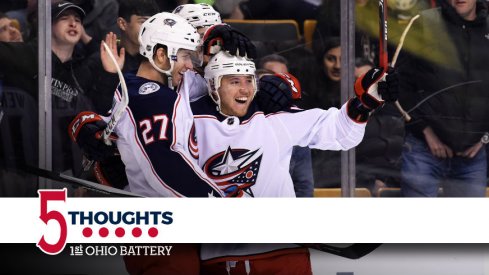 Ryan Murray and Cam Atkinson after the Blue Jackets score a game-winning goal