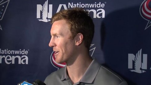 New Blue Jackets center Riley Nash addresses the media at Nationwide Arena.