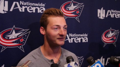 Carson Meyer speaks to the media during the 2017 Blue Jackets development camp