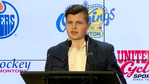 Trey Fix-Wolansky talks to the media after a game playing with the Edmonton Oil Kings