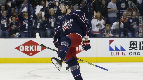 Pierre-Luc Dubois celebrates a goal against the Washington Capitals