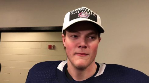 Eric Robinson talks to the media after his first game as a Columbus Blue Jackets