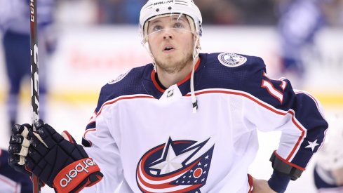 Blue Jackets forward Cam Atkinson rests between whistles during a game against the Toronto Maple Leafs.