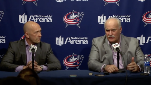 John Davidson and Jarmo Kekalainen address the media during exit interviews at Nationwide Arena.