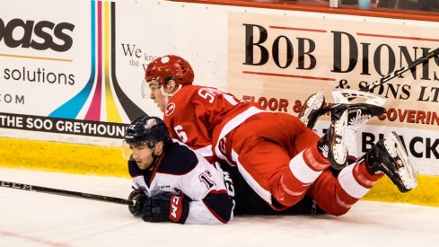 Jordan Sambrook in first round playoff action against the Saginaw Spirit