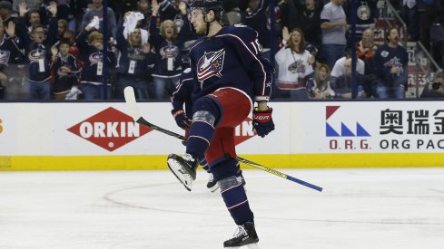 Pierre-Luc Dubois celebrates scoring a goal during the 2017-18 playoffs