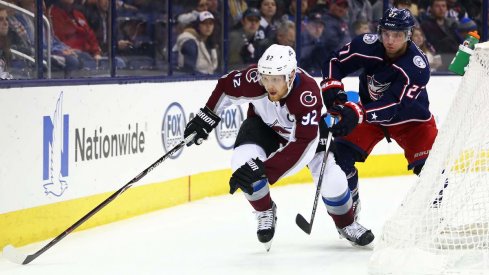 Columbus Blue Jackets defenseman Ryan Murray defends against Colorado Avalanche forward Gabriel Landeskog during a game at Nationwide Arena.