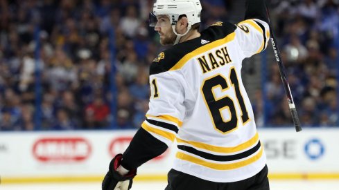 Boston Bruins forward and former Columbus Blue Jackets captain Rick Nash celebrates a Stanley Cup playoffs goal.