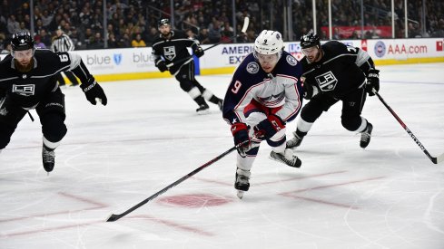 Artemi Panarin tracks down a puck as the Blue Jackets faced off against the Los Angeles Kings on March 1, 2018 at the Staples Center in Los Angeles.