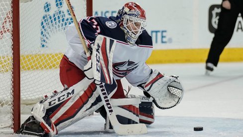 Sergei Bobrovsky makes a save for the Columbus Blue Jackets against the San Jose Sharks