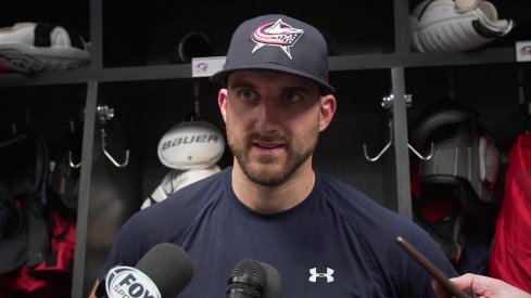 Nick Foligno talks to the gathered media after the team lost to the Los Angeles Kings