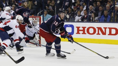 Pierre-Luc Dubois turns away from Brooks Orpik during the playoffs