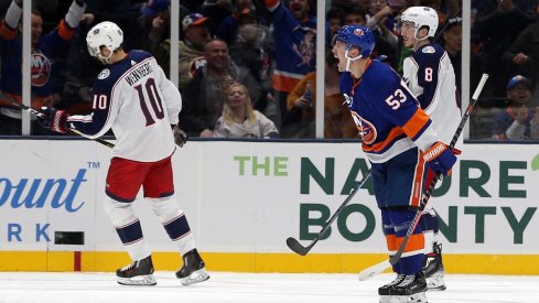 Casey Cizikas celebrates his game-winning goal against the Blue Jackets on Saturday night at Nassau Memorial Coliseum