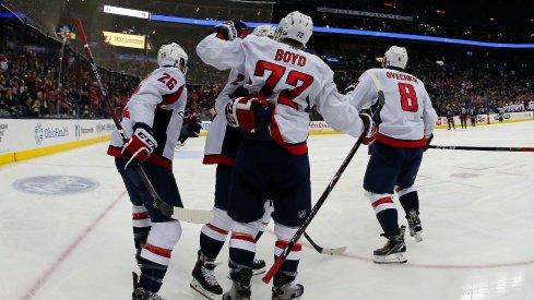 Travis Boyd celebrates a goal as the Washington Capitals easily defeated the Blue Jackets by a 4-0 score.