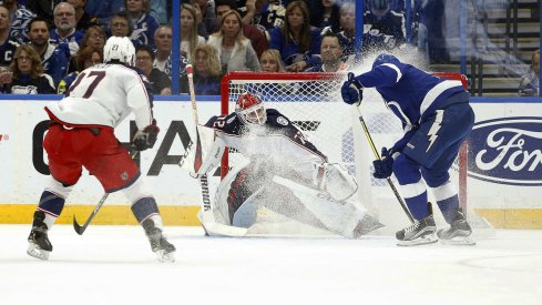 Tampa Bay Lightning Star Steven Stamkos fires a shot against Sergei Bobrovsky and the Columbus Blue Jackets