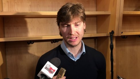 Columbus Blue Jackets goaltender Sergei Bobrovsky addresses the media at Nationwide Arena.