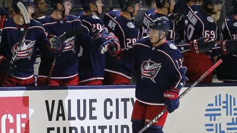 Columbus Blue Jackets forward Cam Atkinson celebrates a goal scored against the New Jersey Devils at Nationwide Arena.