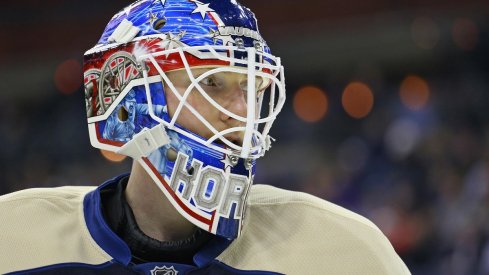 Joonas Korpisalo looks on in a 4-2 loss to the St.Louis Blues