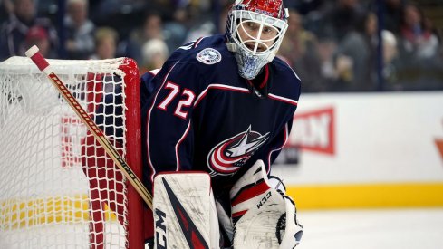 Columbus Blue Jackets goaltender Sergei Bobrovsky looks on during a game at Nationwide Arena.