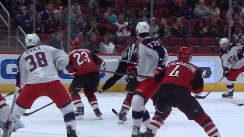 David Savard attempts to find a lane to unleash a shot against the Arizona Coyotes.