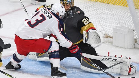 Marc-Andre Fleury makes a toe save against Cam Atkinson at T-Mobile Arena