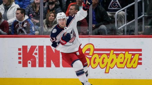 Cam Atkinson celebrates after his goal against the Colorado Avalanche at the Pepsi Center