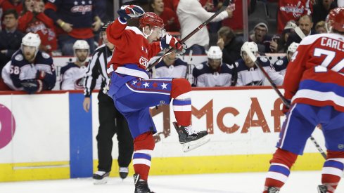 Evgeny Kuznetsov celebrates a goal against the Columbus Blue Jackets 