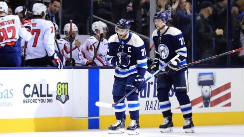 Nick Foligno celebrates after scoring a goal against the Washington Capitals in the third period at Nationwide Arena