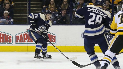  Ryan Dzingel carries the puck against the Pittsburgh Penguins at Nationwide Arena