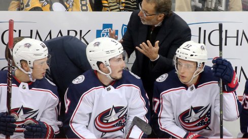 Columbus Blue Jackets head coach John Tortorella speaks to his players during a game against the Pittsburgh Penguins at PPG Paints Arena.