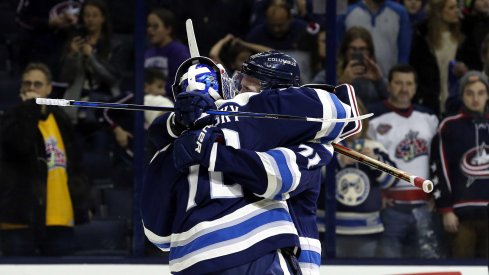 Nick Foligno and Sergei Bobrovsky hug it out to the Airwolf theme, apparently. 